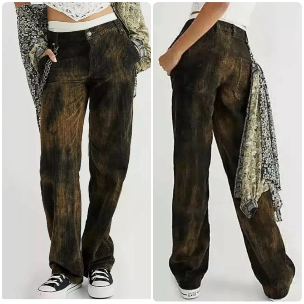 Size 31 Free People Reese Pitched Straight Corduroy Jeans Chava Brown Distressed